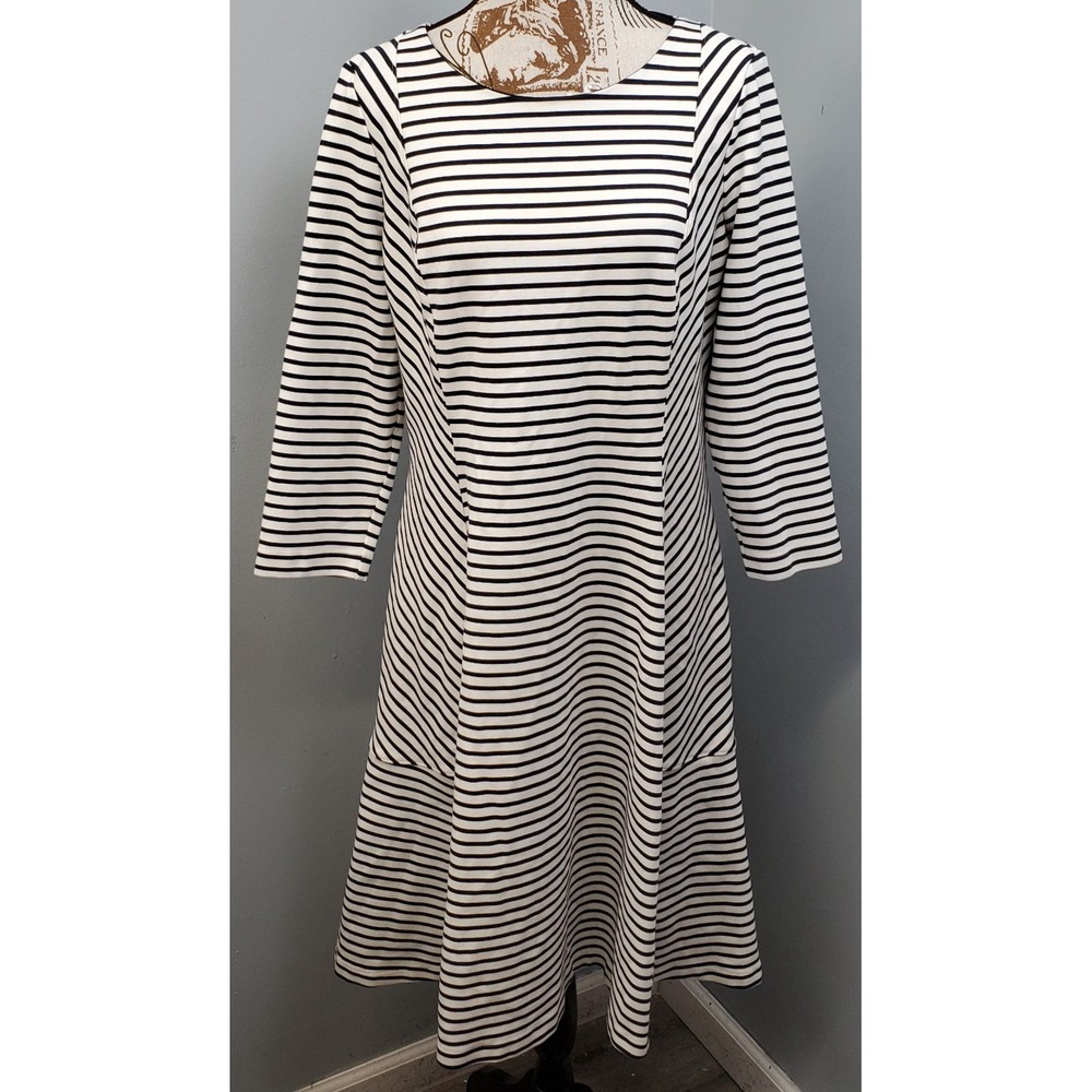 Lands' End Shift Dress Womens Large Blue White Striped Long Sleeve Round Neck